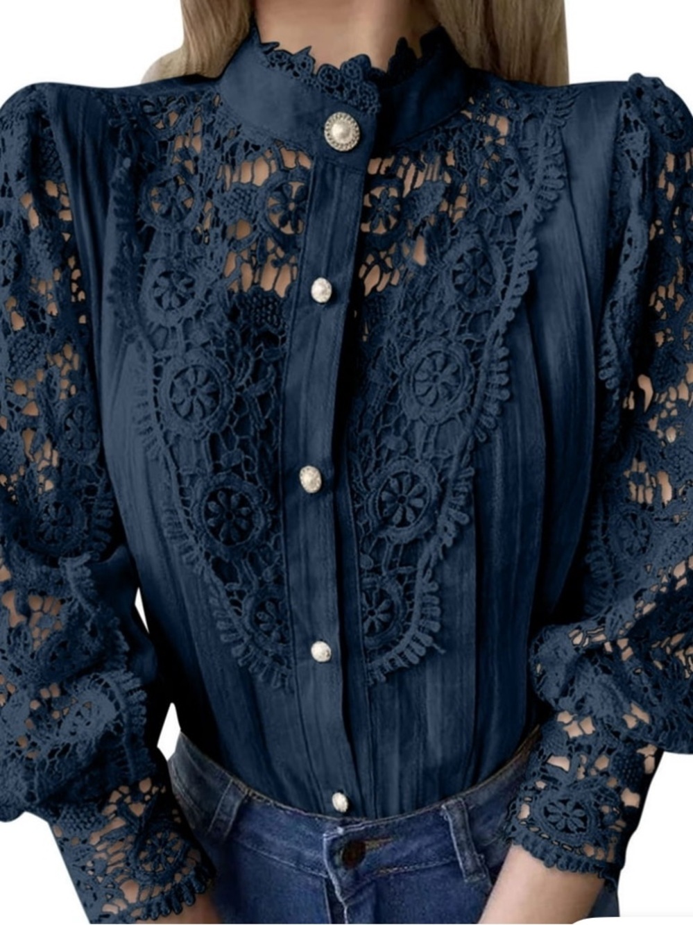 Delicate Navy Lace Yoke Button-Front Women's Top Lace Balloon Sleeve